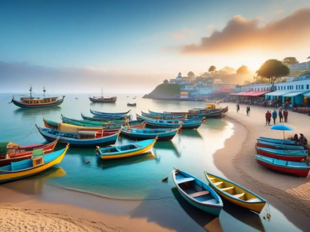 Escena costera al amanecer: mercado, pesca y coloridas barcas Escena costera vibrante al amanecer con pescadores, gaviotas y un mercado