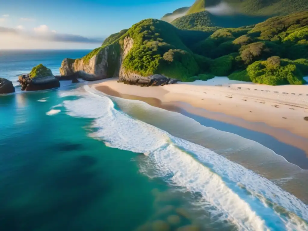 Paraísos costeros: armonía natural y turismo sostenible Escena costera al amanecer con vida marina, conservación ecosistemas costeros turismo sostenible
