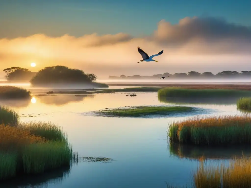 Al amanecer: hábitat costero con aves en vuelo y flora diversa Una escena detallada de humedales costeros al amanecer, con aves migratorias en vuelo y en el agua