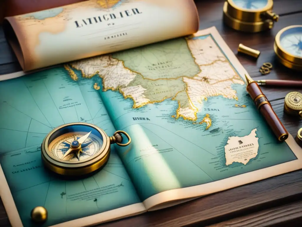 Una escena evocadora de técnicas de navegación marina tradicionales: antiguo mapa náutico rodeado de brújulas y un astrolabio en una mesa de madera envejecida, iluminados por una luz cálida a través de un ojo de buey