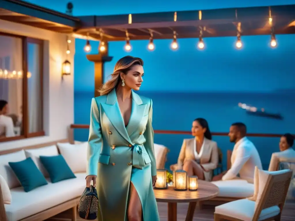 Anochecer glamuroso en resort costero: elegancia y lujo junto al mar Una escena glamorosa en un resort costero al anochecer, con vestimenta de noche en destinos costeros