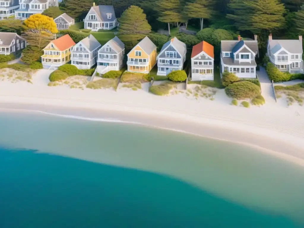Encantadoras casas de playa en Cape Cod al atardecer Escena idílica al atardecer: casas estilo Cape Cod junto al mar con cercas blancas, césped verde y vista panorámica