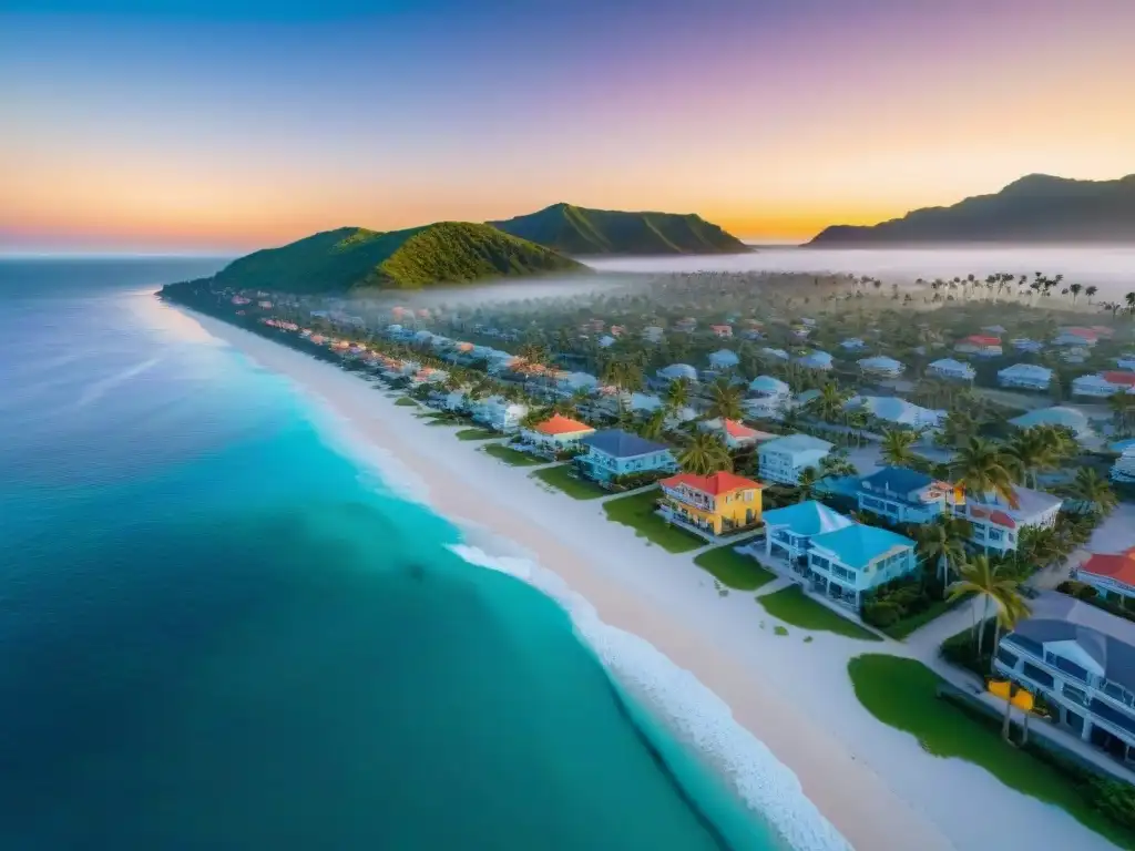 Costa serena al amanecer: inversión en propiedades costeras Escena idílica de un pueblo costero al amanecer, con playa, palmeras y propiedades coloridas