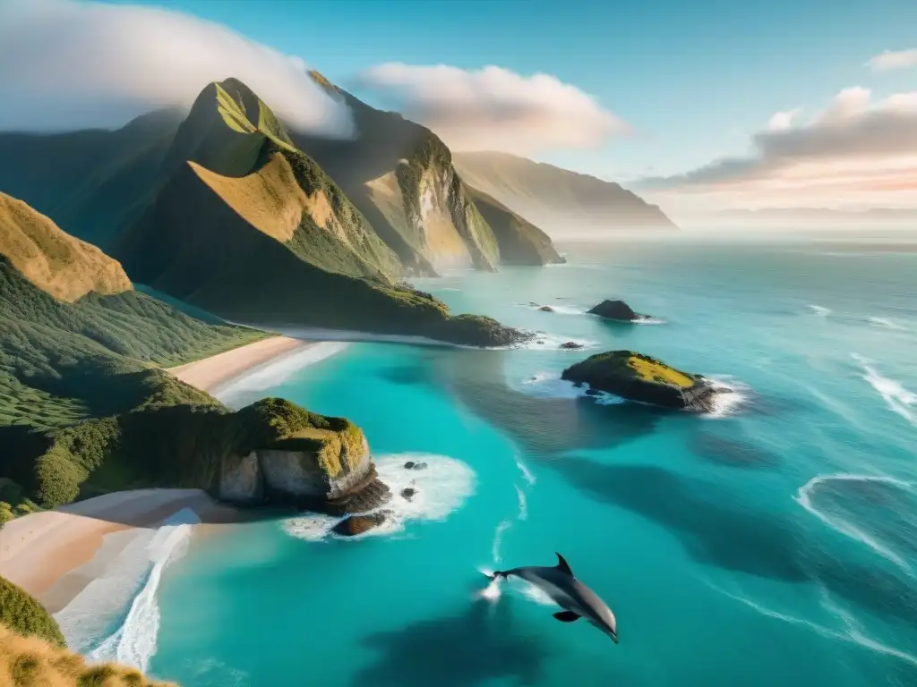 Costa salvaje de Nueva Zelanda: delfines y atardecer en 8k Escena impresionante en la costa de Nueva Zelanda con delfines jugando en el mar