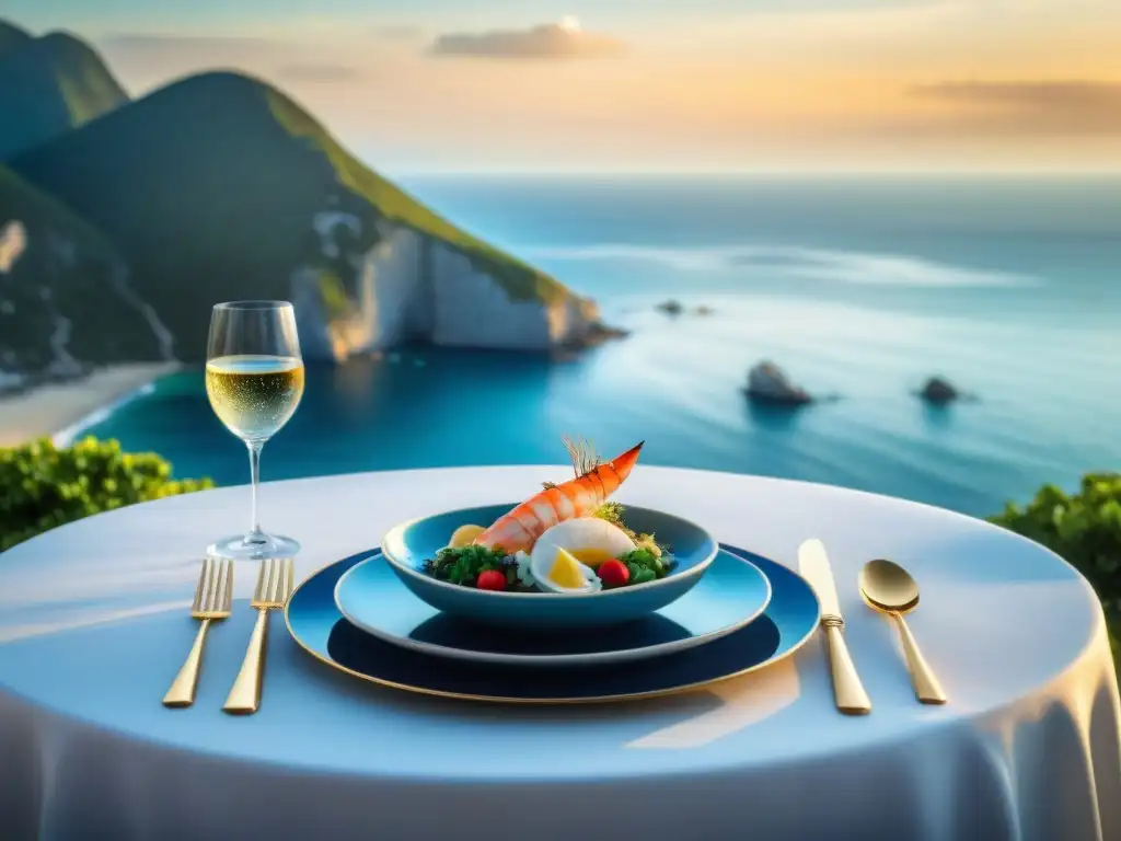 Exquisita cena junto al mar: lujo y sofisticación en la costa Una escena de lujo gastronómico en destino costero, con mesa elegante y vista al mar al atardecer