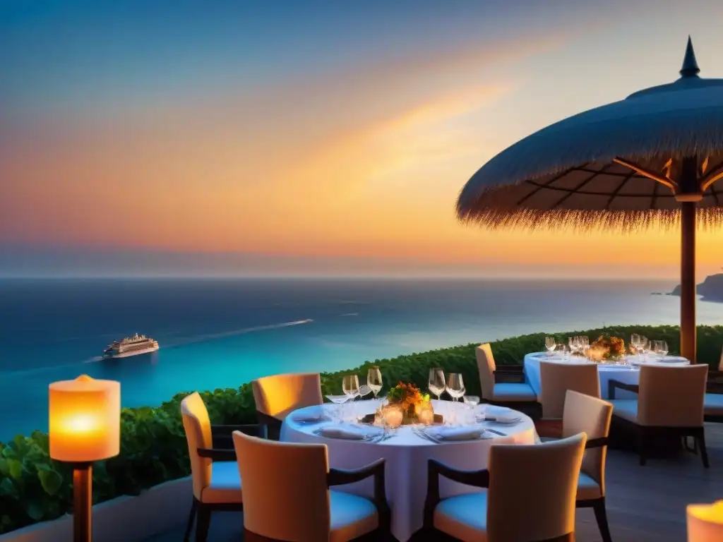 Experiencia gourmet exclusiva en restaurante costero al atardecer Una escena lujosa en restaurante costero al atardecer con gastronomía de lujo y ambiente exclusivo