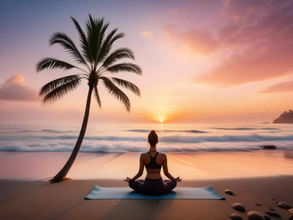 Retiro de yoga en la playa al atardecer: armonía y serenidad Una escena mágica de un retiro de yoga frente al mar al atardecer, con individuos practicando posturas de yoga en la playa