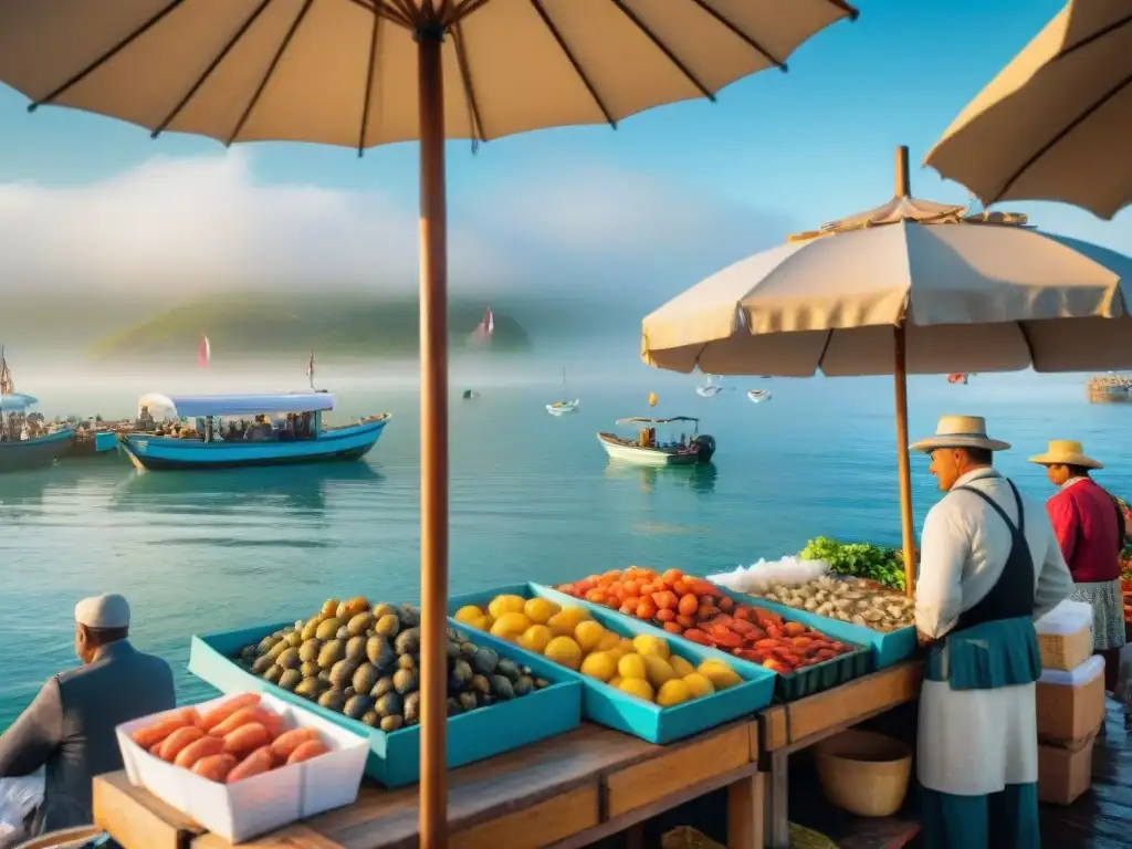 Mercado costero animado: mariscos frescos, frutas coloridas y artesanías bajo sombrillas vibrantes, en un escenario comunitario y cultural junto al mar Una escena de mercado costero bullicioso con vendedores de mariscos frescos, frutas coloridas y artesanías bajo sombrillas vibrantes