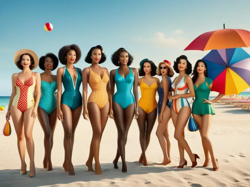 Estilo vintage en la playa: moda atemporal de los 50 y 60 Una escena nostálgica de modelos en trajes de baño vintage en una playa retro