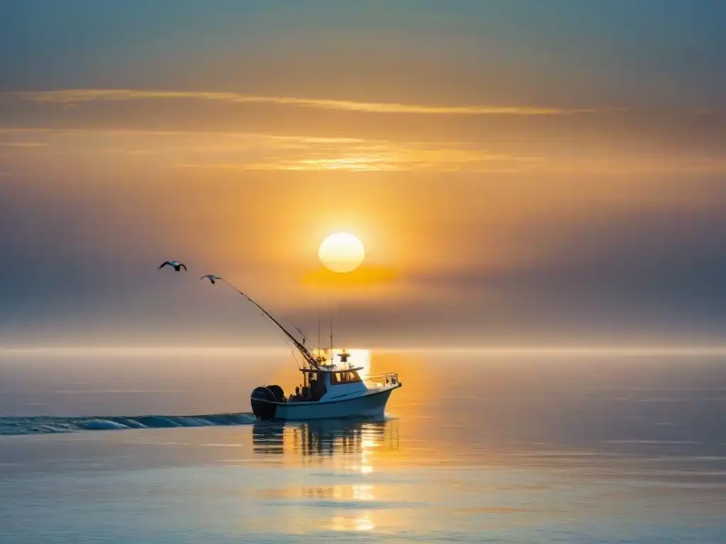Amanecer dorado: pesca deportiva en el vasto mar Escena de pesca deportiva en mar abierto al amanecer, con un bote solitario en el horizonte y gaviotas sobrevolando