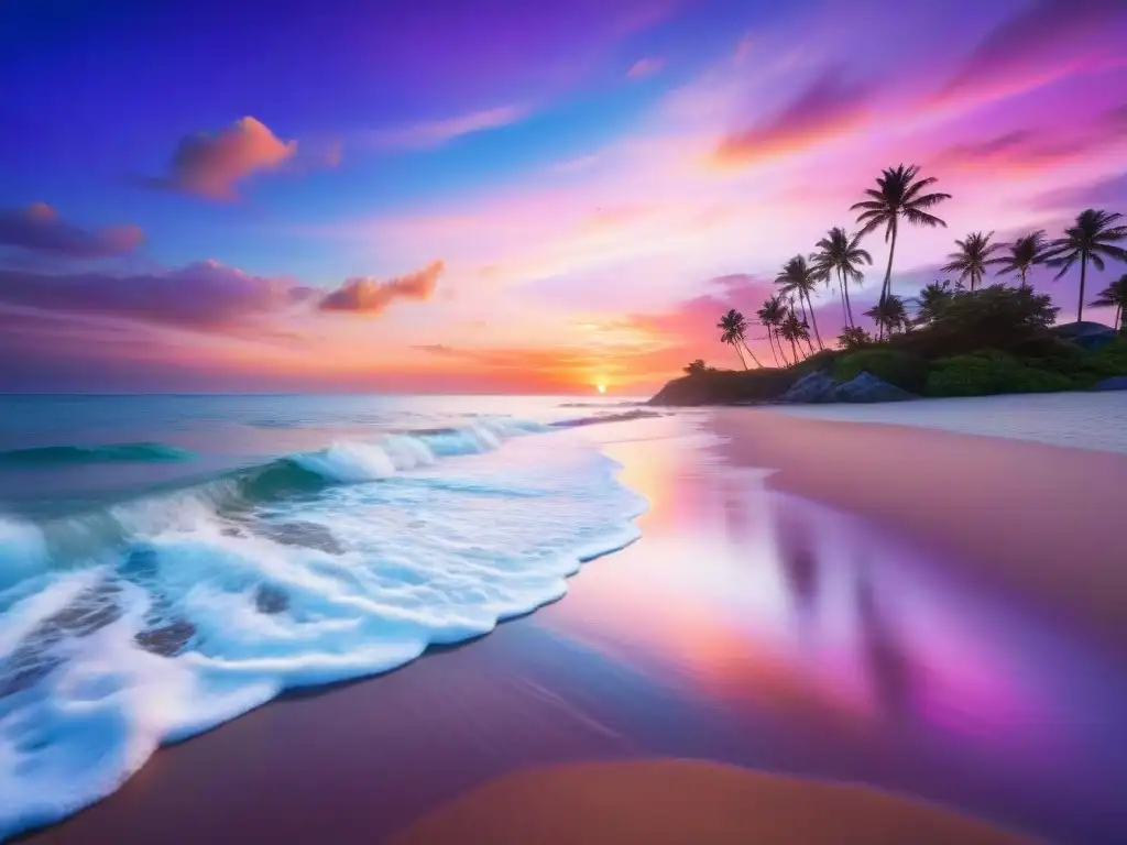 Atardecer mágico en playa paradisíaca Escena de playa perfecta en 2023: arena, aguas turquesas, palmeras, atardecer vibrante y serenidad costera