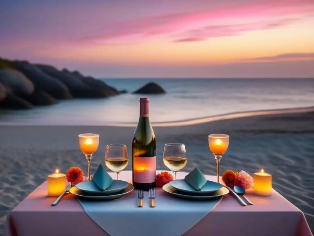 Escena romántica en la playa al atardecer Escena romántica en la playa al atardecer, mesa elegante para dos con vajilla, velas y vino
