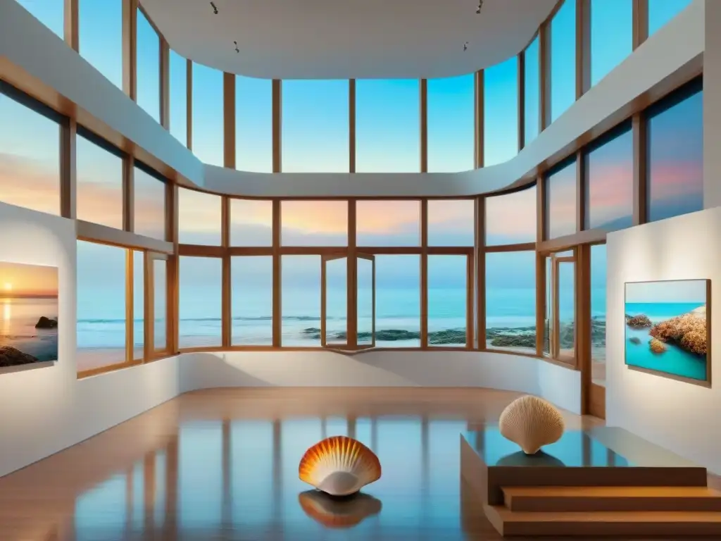 Galería costera: arte, luz y conversaciones Escena serena en galería de arte costero con luz natural, paisajes marinos y esculturas de conchas