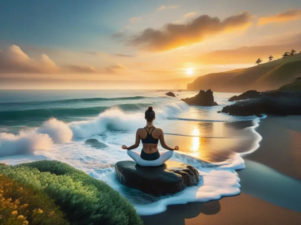 Tranquilidad al atardecer: yoga en la costa Escena serena en la costa al atardecer, con beneficios de bienestar espiritual y energía marina