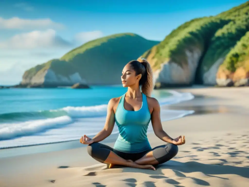 Yoga frente al mar: salud y tranquilidad costera Una escena serena en la costa con yoga, beneficios del aire puro costa, mar y naturaleza exuberante