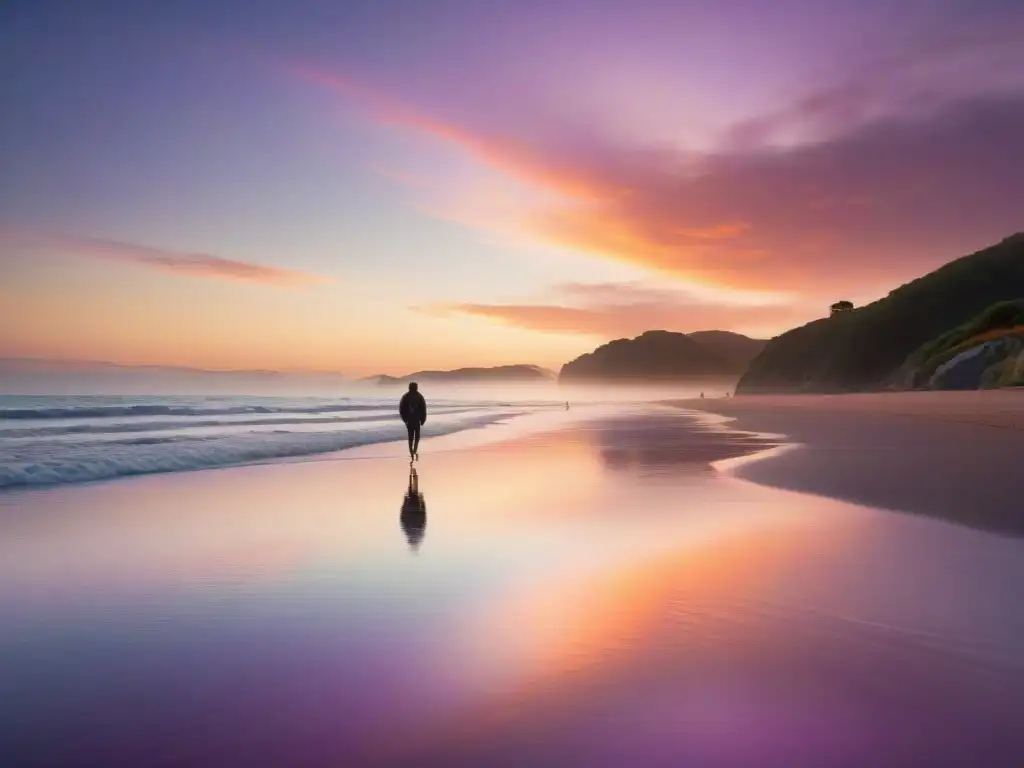 Playa serena al atardecer: tranquilidad y calma en un escenario idílico Escena serena en la playa al atardecer, con olas calmas y colores cálidos