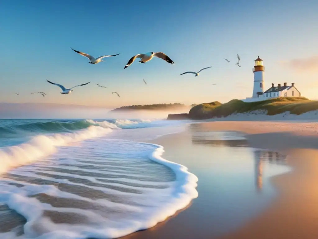 Playa serena al amanecer: belleza costera para relajación y bienestar Escena serena en la playa al amanecer, con olas suaves, gaviotas y luz dorada