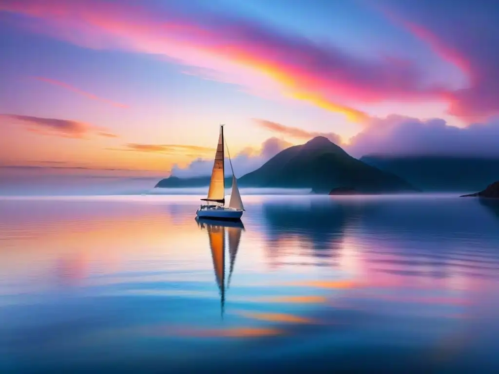 Espléndido amanecer en el mar: serenidad y libertad Escena de amanecer sereno sobre el océano, con colores vibrantes reflejados en el agua calmada y un velero solitario