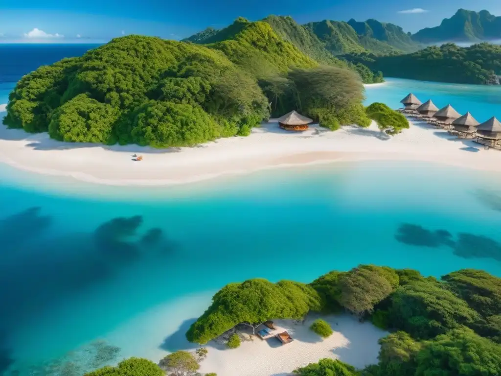 Inversión inmobiliaria en paraíso tropical: serenidad y profesionalismo Una escena tranquila en una isla paradisíaca, con compradores de propiedades en islas, disfrutando del paisaje y de un café en la playa