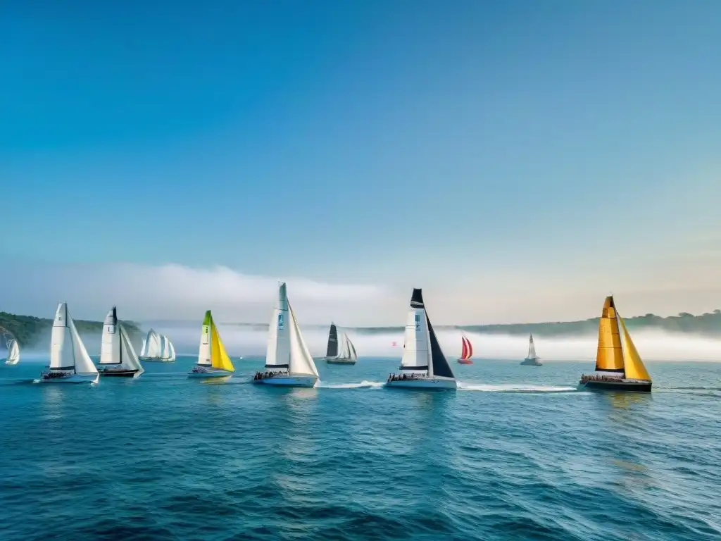 Regata de Veleros: Coloridas competencias náuticas alrededor del mundo Escena vibrante de competiciones náuticas tradicionales alrededor del mundo, con veleros coloridos compitiendo en aguas cristalinas bajo un cielo azul
