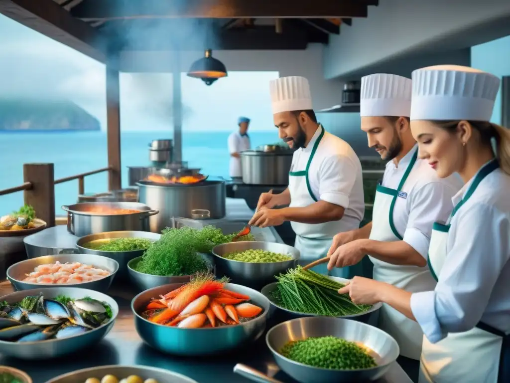 Chefs expertos preparan delicias marítimas en cocina costera Una escena vibrante de la gastronomía costera tradicional del mundo: chefs preparando delicias marinas en una bulliciosa cocina costera