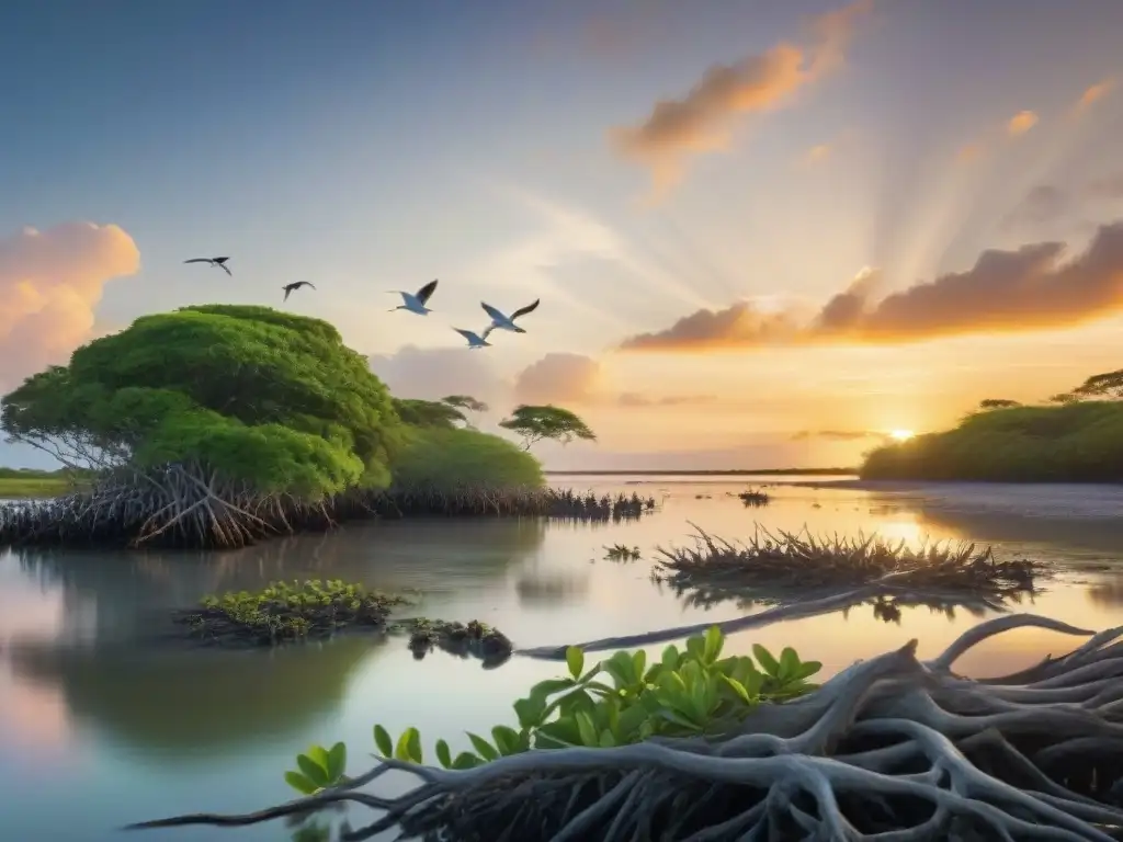 Vida salvaje en un estuario: diversidad en armonía Una escena vibrante en un estuario, resaltando la importancia de los estuarios marinos