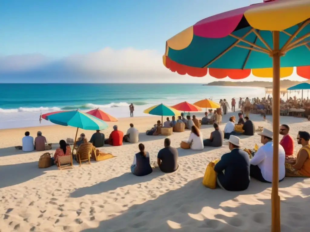 Vibrante festival de arte costero al atardecer Escena vibrante de festival de arte costero al atardecer, con diversa comunidad disfrutando de obras coloridas en la playa
