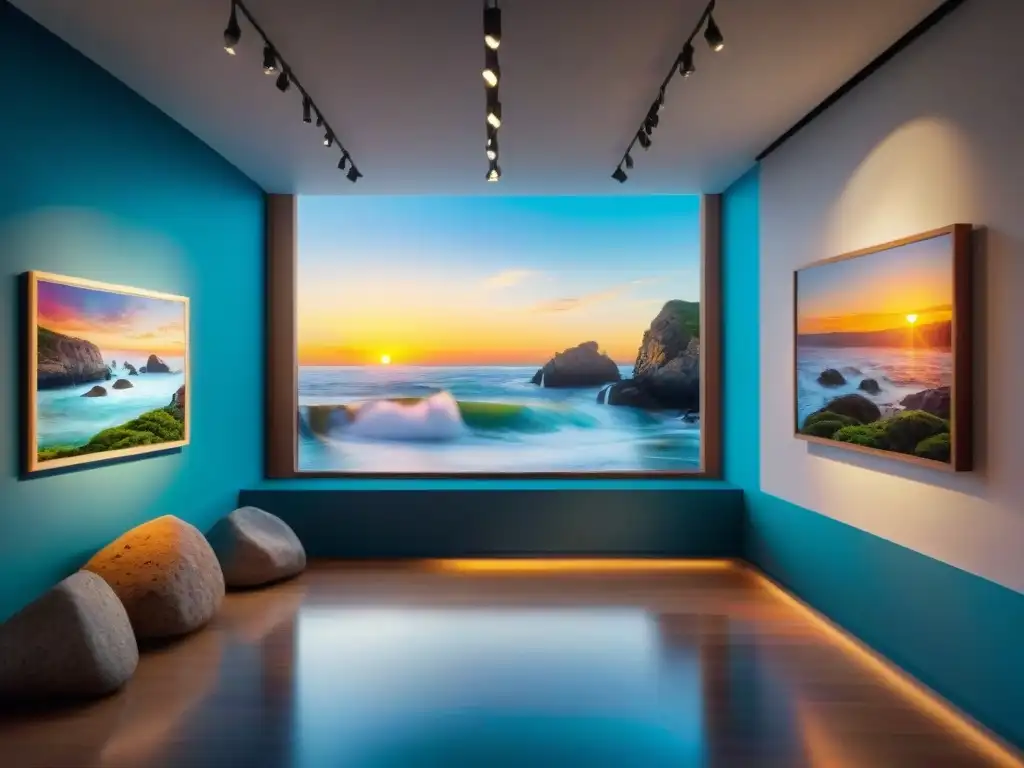 Escena vibrante en galería costera al atardecer Escena vibrante en galería costera al atardecer con arte local colorido y visitantes admirando