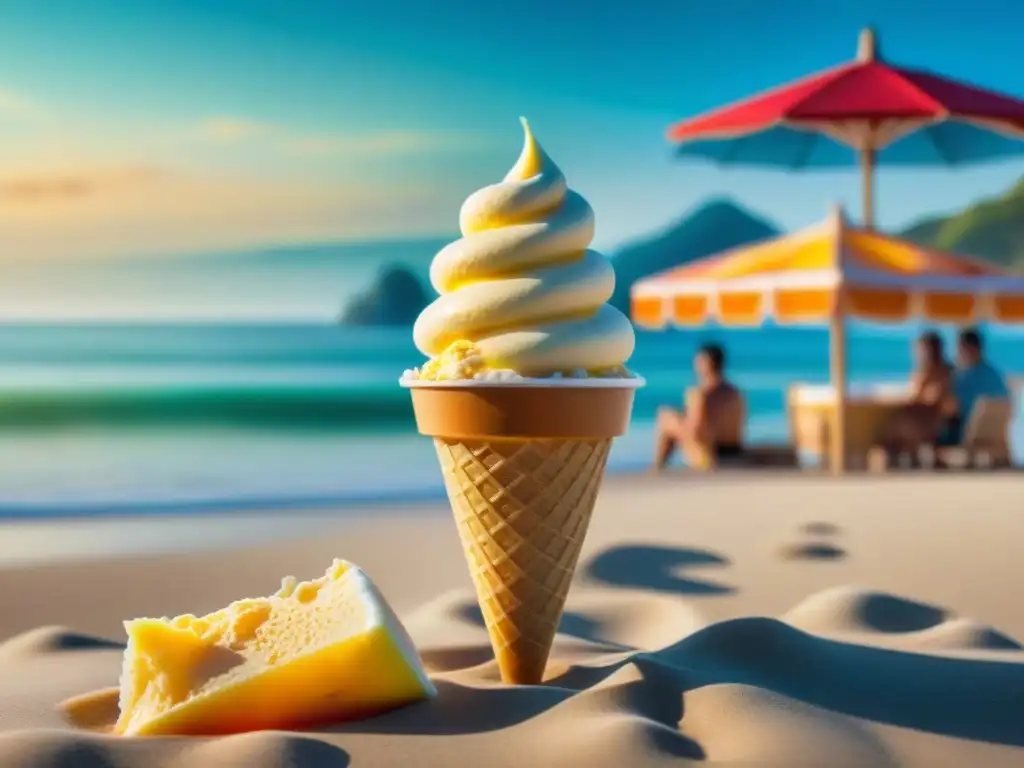 Heladería playera: sabores únicos bajo el sol Escena vibrante de heladería costera con sabores únicos, clientes felices disfrutando bajo el sol