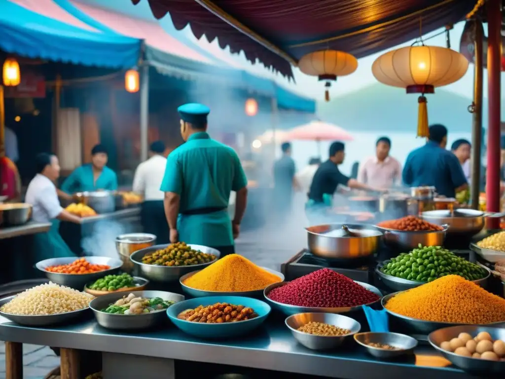 Mercado callejero de comida asiática: sabores exóticos junto al mar Escena vibrante de mercado callejero asiático con platillos costeros exóticos del mundo