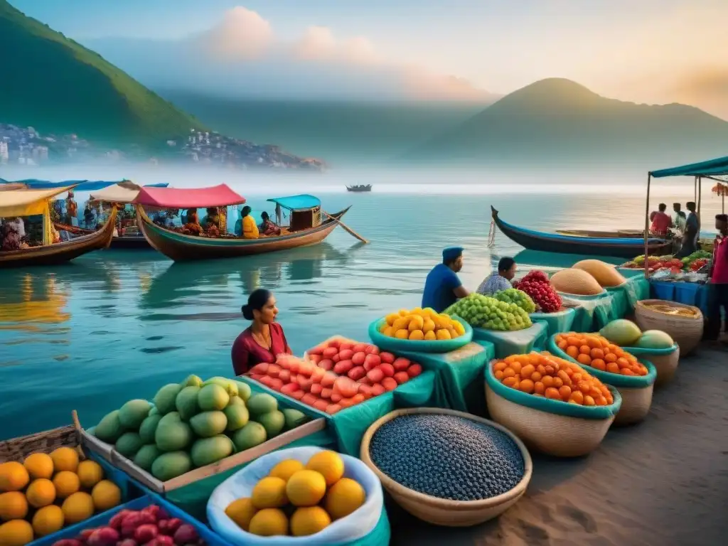 Mercado costero: colorida escena de comercio local y turístico al atardecer Escena vibrante en un mercado costero emergente con vendedores locales y turistas, barcos tradicionales y el sol poniéndose