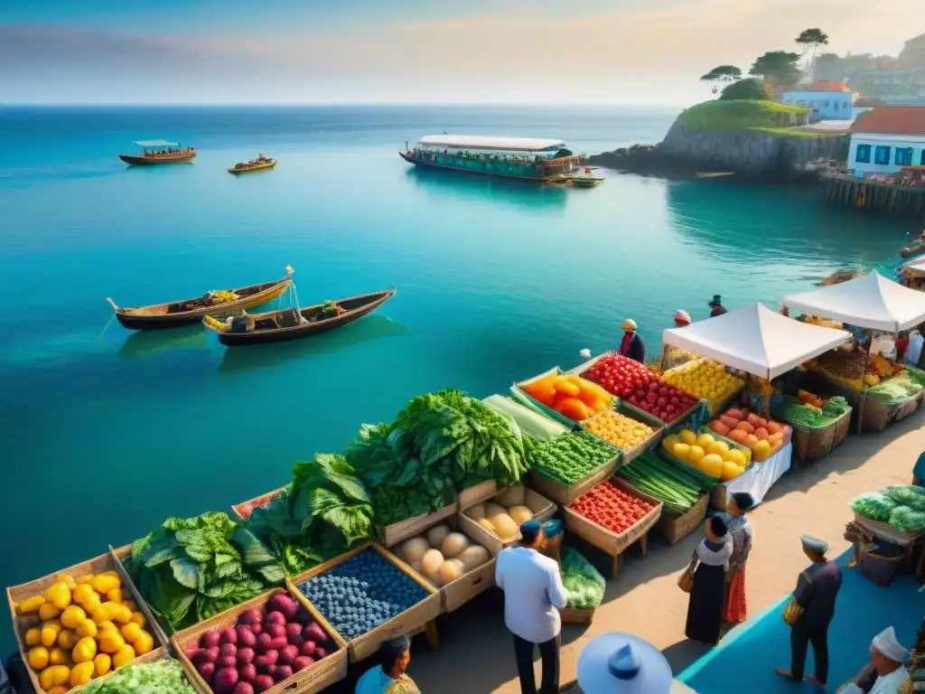 Mercado costero: colores y vida en la comunidad Una escena vibrante de un mercado costero emergente, muestra la diversidad y cultura de la comunidad