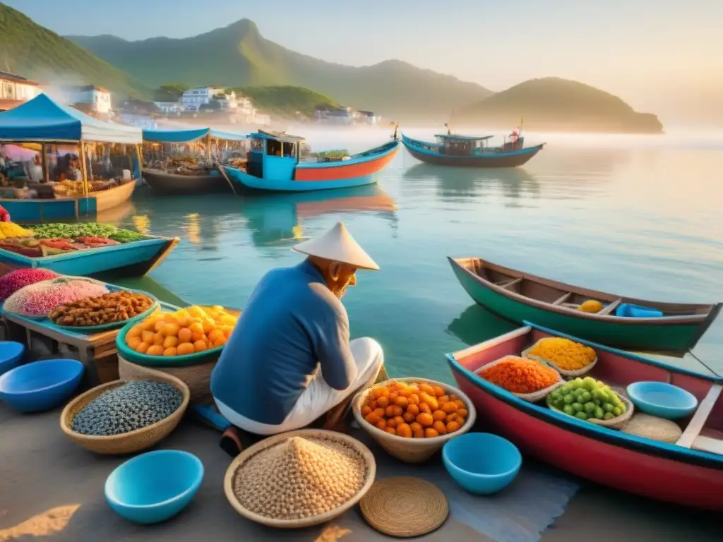 Mercado costero al amanecer: colores, tradición y comunidad Escena vibrante de mercado costero al amanecer, con vendedores locales, pescado fresco, frutas tropicales y tejidos tradicionales
