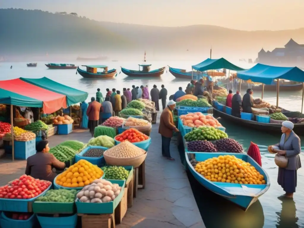 Mercado costero al amanecer: coloridos puestos y vida local Escena vibrante de mercado costero al amanecer con vendedores y productos coloridos