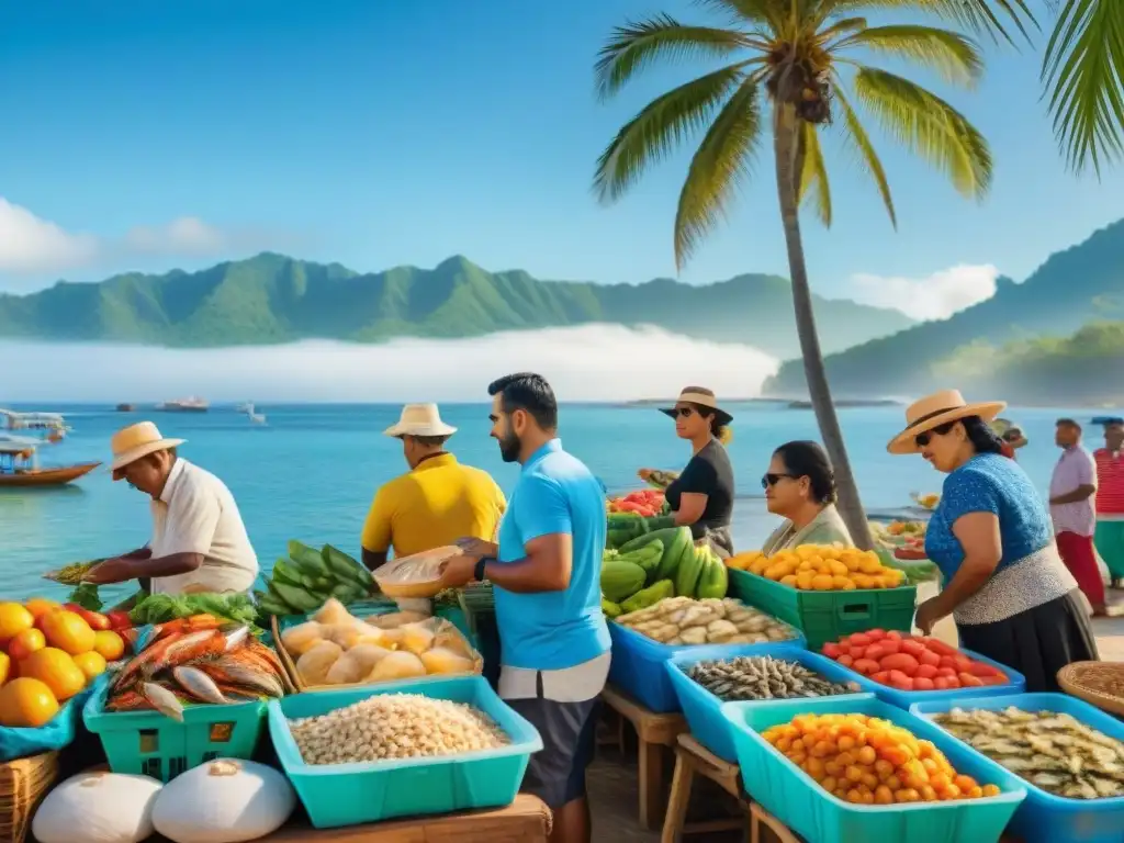 Mercado costero vibrante: mariscos frescos y frutas coloridas Una escena vibrante de mercado costero en Paraíso Costero fusiona sabores