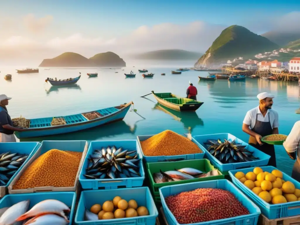 Mercado costero al amanecer: pescadores, chefs y vendedores en acción Escena vibrante de un mercado costero al amanecer, con pescadores descargando mariscos frescos y vendedores preparando sus puestos