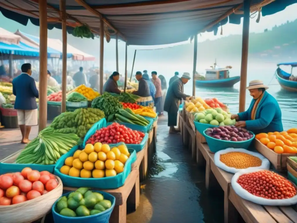 Mercado costero lleno de vida y color en comunidad saludable Escena vibrante de mercado costero con estilo de vida costero saludable