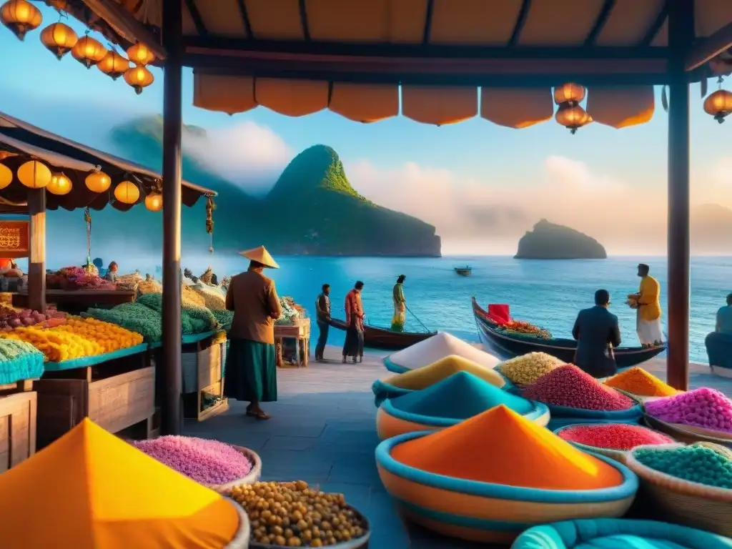 Mercado costero vibrante al atardecer: diseño único y colorido Escena vibrante de un mercado costero al atardecer con propiedades costeras de diseño innovador y elementos únicos