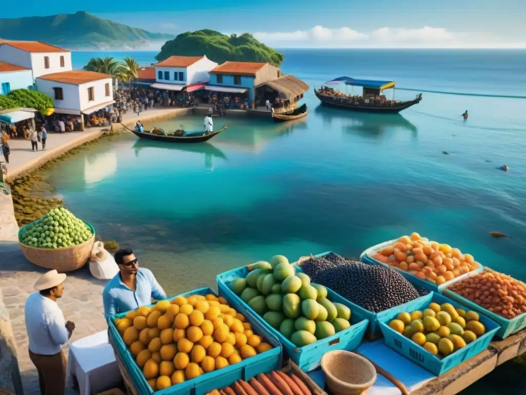 Mercado costero vibrante en pueblo emergente: frutas, mariscos y vida local Escena vibrante de mercado costero en pueblo emergente con inversion propiedades costeras emergentes