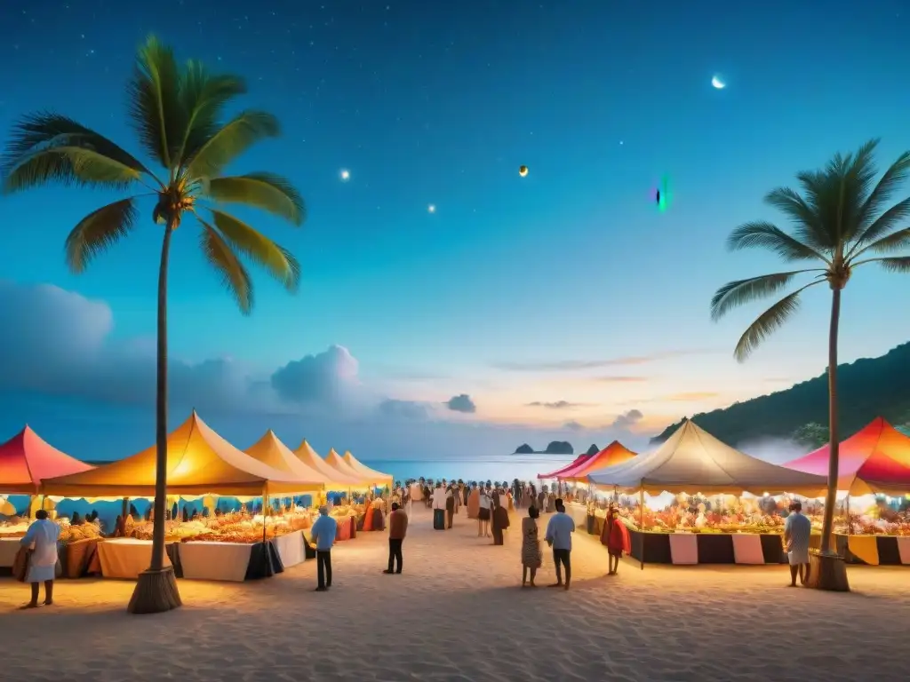 Mercado nocturno costero: Exótica gastronomía bajo las estrellas Escena vibrante de un mercado nocturno en la costa exótica con cenas temáticas costas exóticas