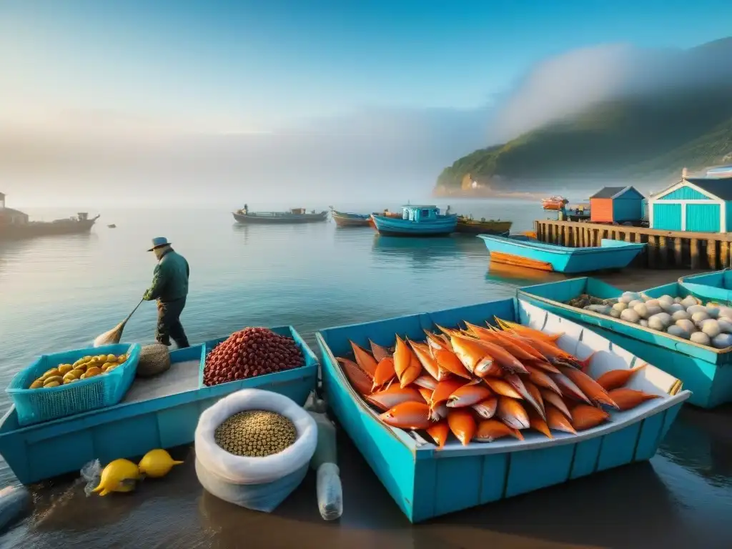 Mercado pesquero costero: colorida actividad en comunidad Escena vibrante de un mercado de pescado en la costa, donde la comunidad costera se adapta a la vida junto al mar