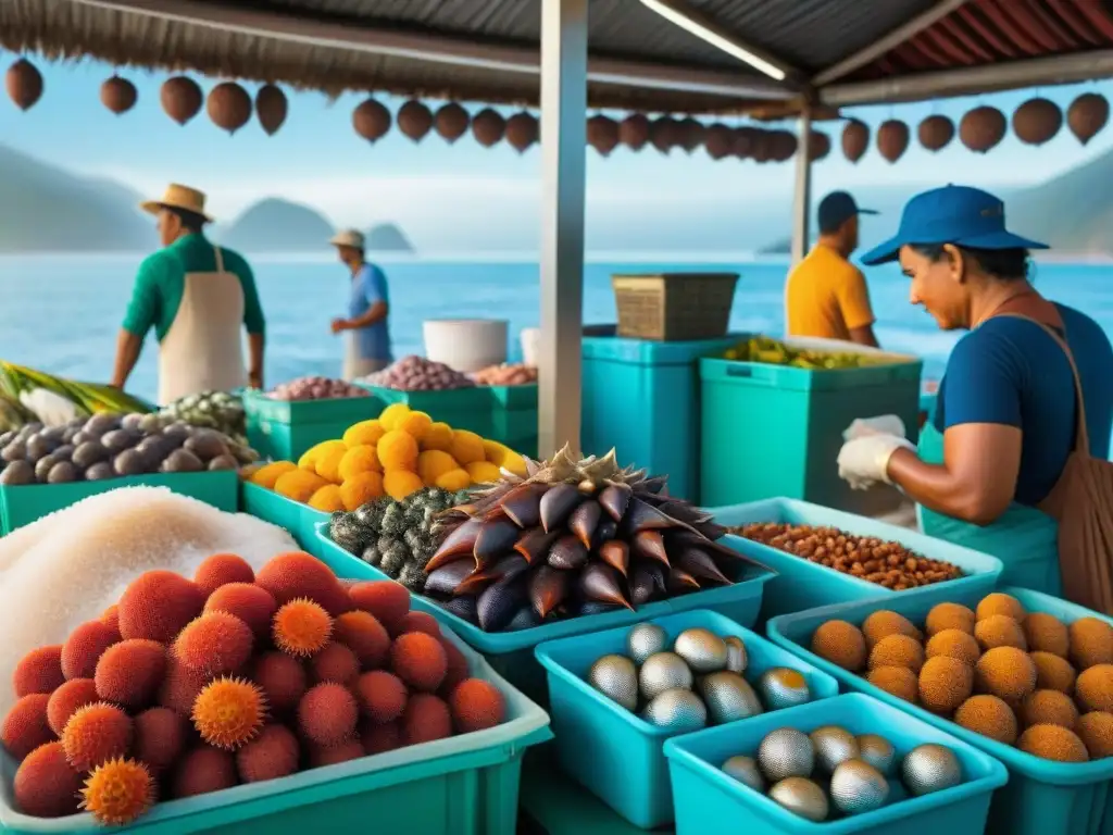 Colorido mercado de pescado en América Latina Una escena vibrante de un mercado de pescado en América Latina, con platillos costeros exóticos del mundo