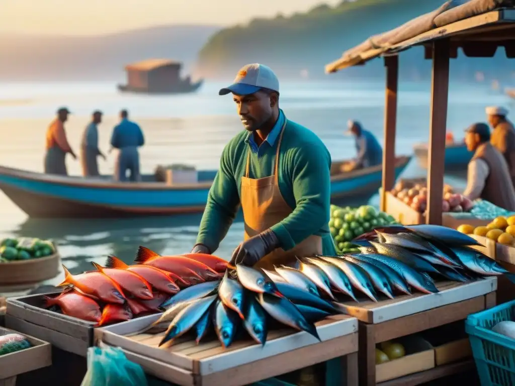 Mercado pesquero costero al amanecer: escena vibrante y detallada Escena vibrante en mercado pesquero costero al amanecer