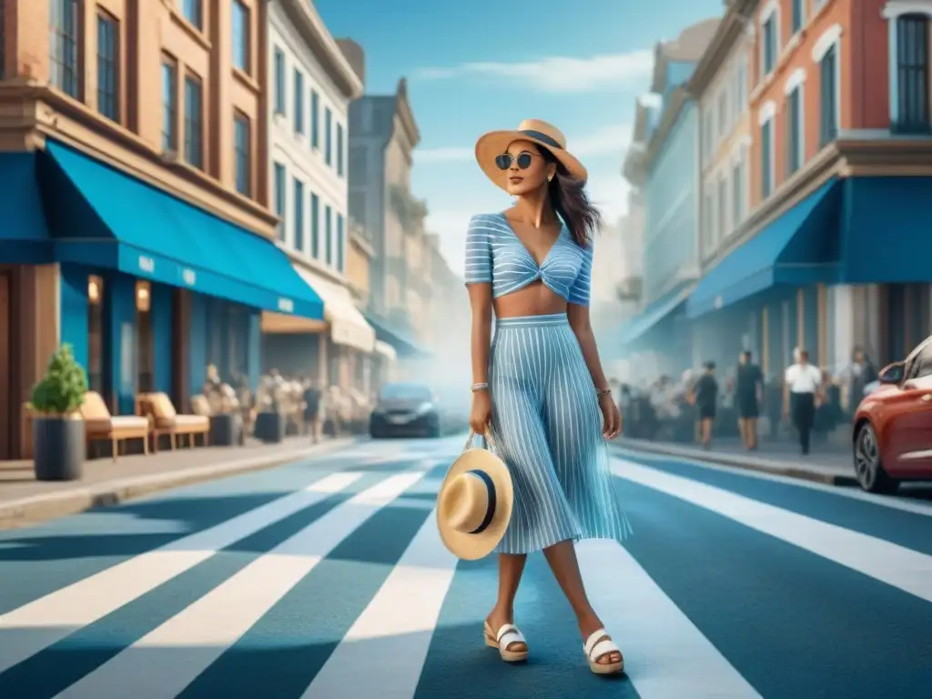 Fashion urbana con toque costero: estilo vibrante en la ciudad Una escena vibrante de moda costera street style marítimo en la bulliciosa ciudad