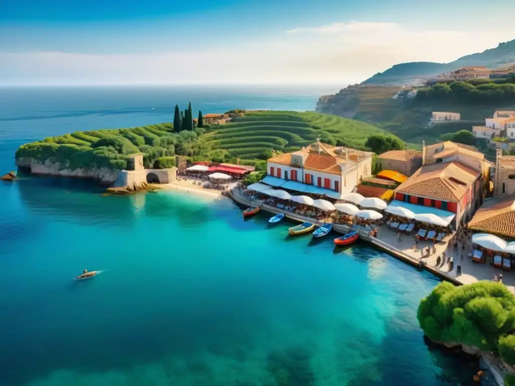 Mercado de pescado y productos frescos en pueblo costero mediterráneo Escena vibrante de un pintoresco pueblo costero mediterráneo con mercado de pescado, frutas y verduras frescas