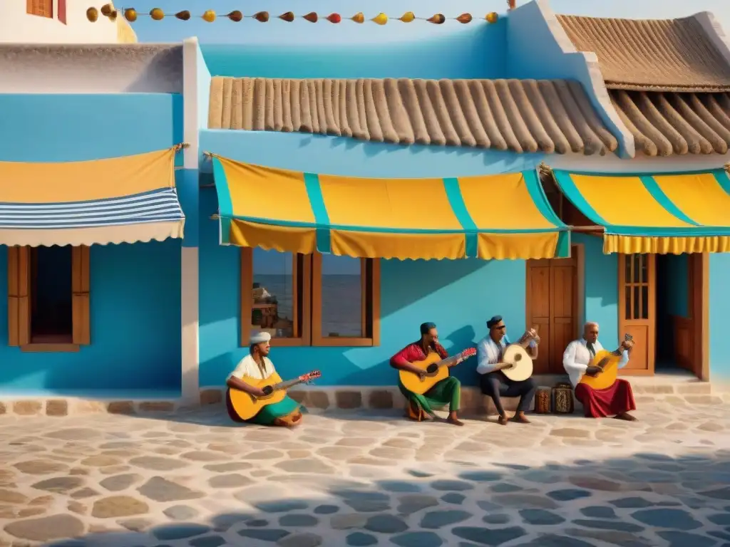 Plaza costera: Artesanía, música y colorido Escena vibrante en plaza costera: edificios coloridos, artesanos locales, músicos tradicionales y una audiencia cautivada al atardecer
