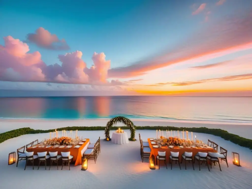 Espectacular atardecer en venue costero para evento Un escenario costero para eventos al atardecer con playa, palmeras, velas y un cielo anaranjado reflejado en el mar