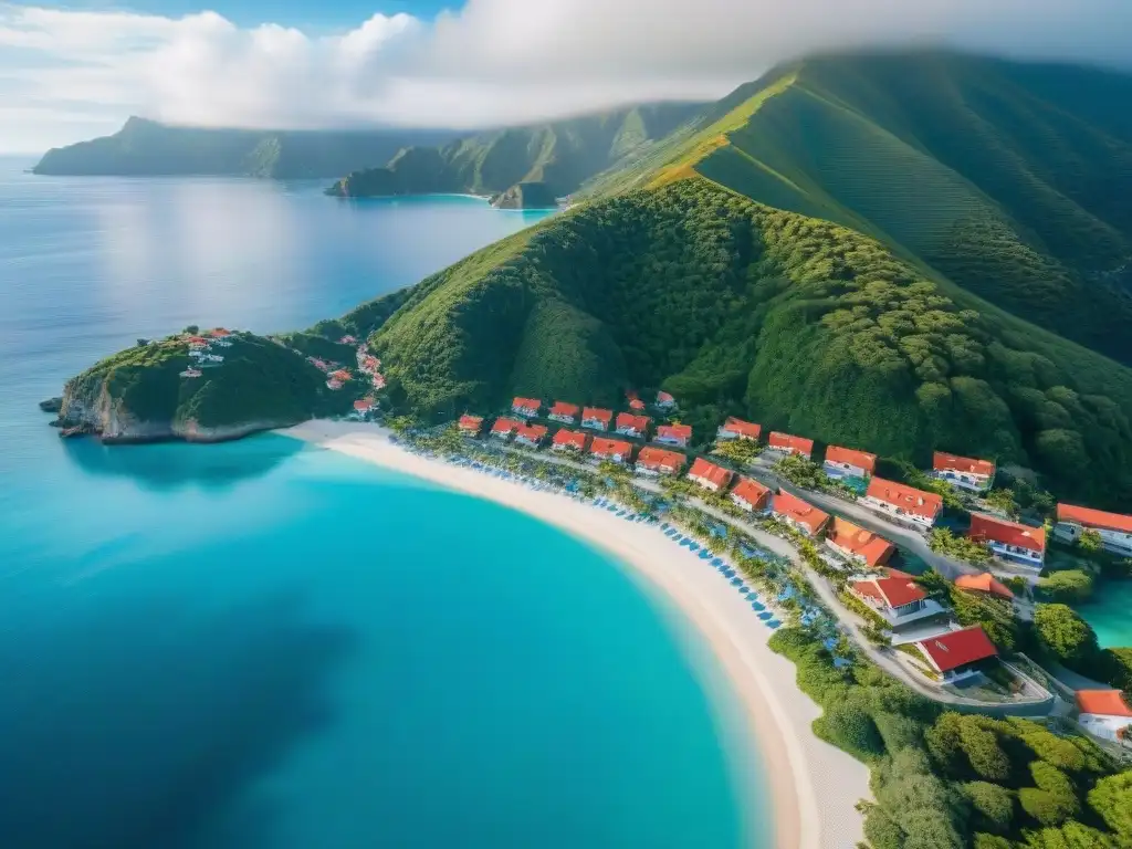 Pintoresco pueblo costero: casas coloridas junto al mar Un escenario costero idílico con casas coloridas y playas de arena, perfecto para Seguros para propiedades costeras
