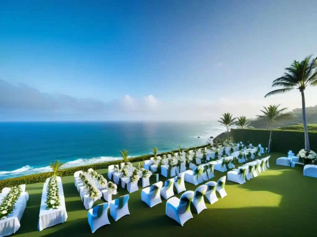 Escenario costero para eventos inolvidables Un escenario costero impresionante para eventos, con elegantes arreglos al aire libre y vista panorámica al mar