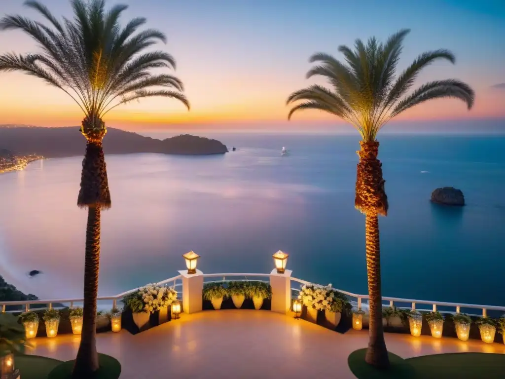 Espectacular atardecer en locación costera para eventos Un escenario costero impresionante con puesta de sol, decoración elegante y vista al mar